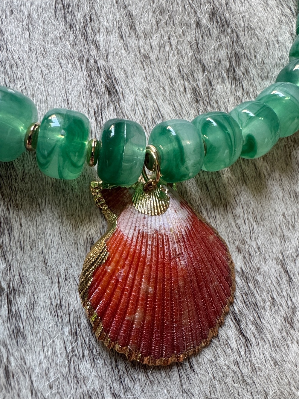 Green Beaded Necklace with Red Natural Shell Pendant - Designer Style